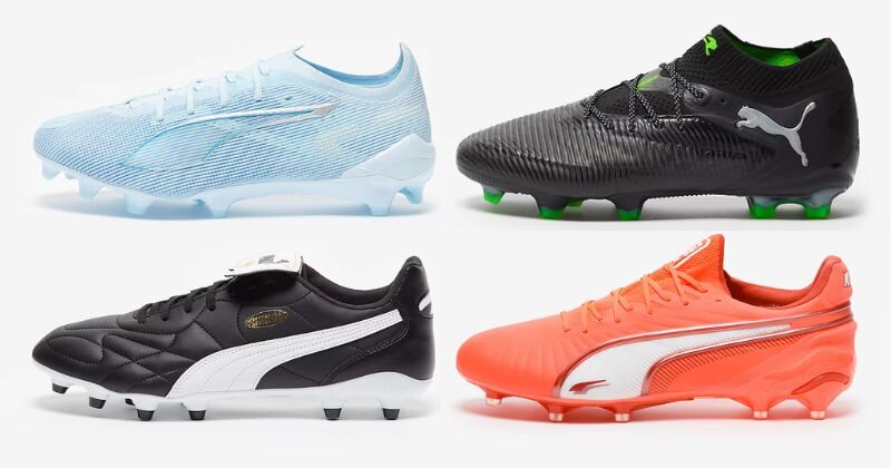 Puma football boots: blue ultra ultimate, black future, black and white king top and orange king